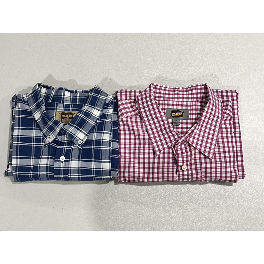 TWO Foundry Supply Co. Mens Button-Down Shirt Blue White Plaid Rose Gingham 2XLT